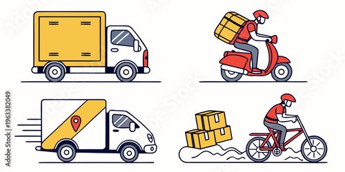 Delivery vehicles and couriers icons set including truck, scooter, van and bicycle with packages