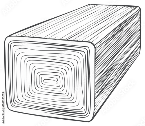 Monochrome sketch of a wooden block with visible growth rings illustration.  Woody concept.