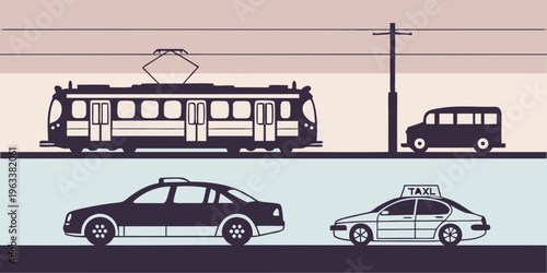 Silhouettes of various passenger transport vehicles, including a bus, van, taxi, and sedan, in a graphic illustration.