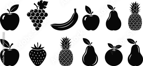 Black fruit silhouettes icon set including apple banana grape strawberry pineapple pear and orange isolated on white background for design,