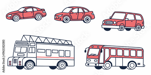 Collection of road vehicle icons including cars, trucks, and buses in a simple illustrative style for design use.