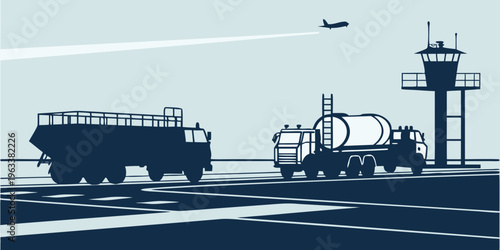 Airport runway with transport vehicles and airplane taking off in the background, silhouette illustration of airfield operations and travel infrastructure.