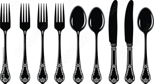 Ornate Vintage Cutlery Silhouette Set, Antique Silverware Fork Spoon Knife Icons, Classic Tableware Vector, Elegant Dining Utensils Isolated Black Graphic Elements