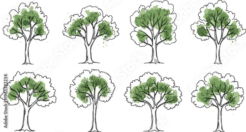 Hand-drawn sketch tree vector collection with green watercolor foliage and black outlines, perfect for nature, botanical illustration, landscape, environmental, eco, and artistic design projects