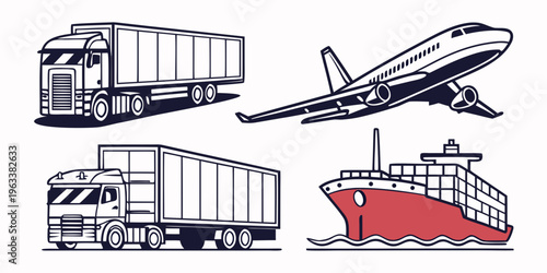 Vector icons of cargo shipping vehicles including trucks, airplane, and ship for logistics and transportation concepts.