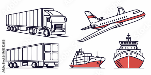 Vector icons of various cargo shipping vehicles including trucks, airplane, and ships for logistics and transportation concepts.