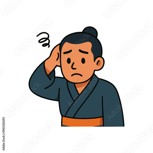 Confused man scratching his head in doubt. Worried asian man looking uncertain. Unsure character showing confusion and hesitation.