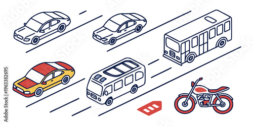 City traffic vehicles icon set including cars, bus, van, motorcycle, and road markings on white background for urban transportation and infrastructure design.