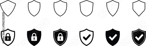 Security shield icon set, Protection badge vector graphics, Locked and verified safety emblem pictograms