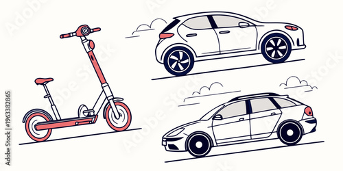Vector set of eco-friendly electric vehicles including a scooter and two cars in a modern illustration style for sustainable transportation and mobility solutions.