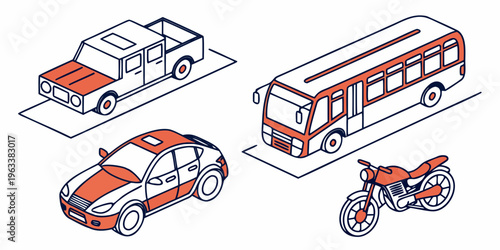 Illustration of various road vehicles including a bus, car, truck and motorcycle in orange and white colors, side view, on white background.