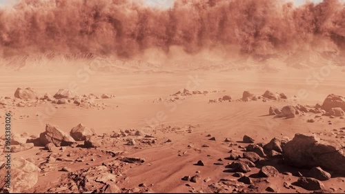 Dramatic haboob sandstorm with red dust in desert landscape