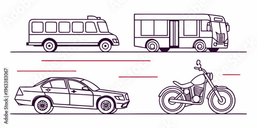 Detailed line drawings of various road vehicles including a minibus, bus, car, and motorcycle in profile, showcasing different modes of transportation.