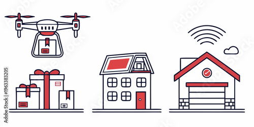 Delivery drone transport icon set with gifts house and warehouse for logistics and shipping concepts.