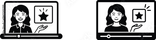 Influencer product review video icons, Content creator showing star rating silhouette graphics, Female vlogger online presentation vector pictograms