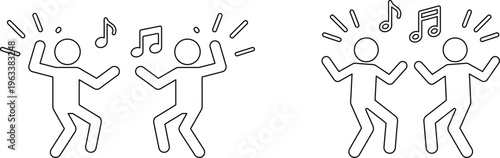 stick figures dancing to music with notes and energetic movements on white background