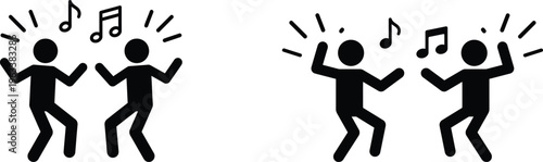 Dancing stick figure silhouettes with musical notes, Energetic party celebration people icons, Joyful active movement vector pictograms