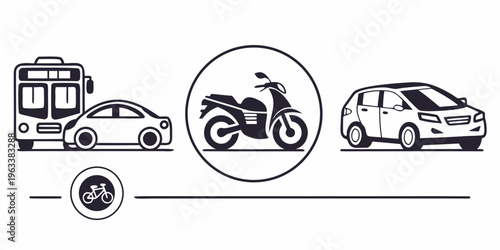City traffic vehicles line icon pack including bus, car, motorcycle and minivan