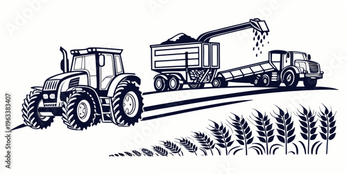 Agricultural vehicles silhouette set featuring a tractor and harvester truck in a field with wheat, illustrating farming and harvesting activities.