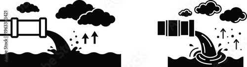 Water pollution pipe discharging toxic waste vector icon, Industrial sewage drainage spilling dark liquid silhouette, Environmental contamination wastewater runoff pictogram