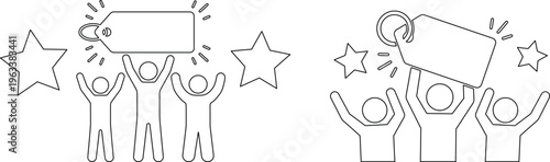 People holding price tag outline icons, Group celebrating sale discount label vector graphics, Stick figures lifting blank shopping tag pictograms