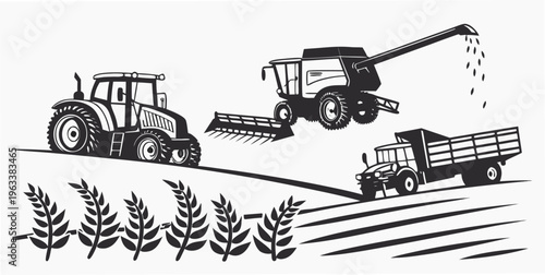 Agricultural vehicles silhouette set including tractor, harvester and truck in a field with wheat, illustrating farming and harvesting activities.