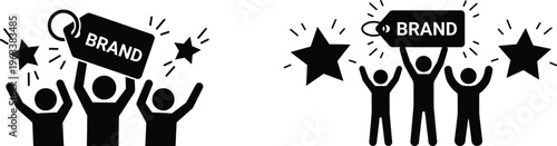 Brand awareness silhouette icons, People holding brand tag vector graphics, Customer loyalty group celebrating label pictograms