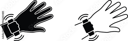 Smartwatch vibrating on hand vector icons, Wearable device alert notification silhouette graphics, Wristband fitness tracker buzzing outline pictograms
