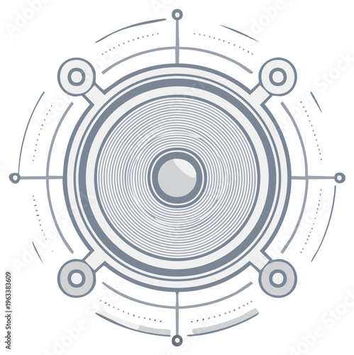 Abstract Futuristic Circular Graphic Element with Concentric Rings and Connecting Nodes