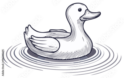 Graceful duck swimming calmly in water with elegant ripples line art illustration