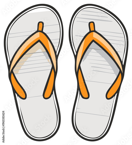 Pair of cartoon flip-flops with orange straps and white soles for beach vacations or summer days