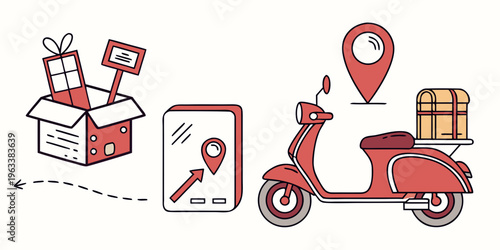 Delivery scooter icons with package, location pin, and mobile phone for logistics and transportation services.