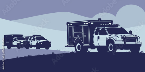 Emergency response vehicles driving through a scenic landscape in silhouette, showcasing fire rescue transport trucks in a serene natural setting.