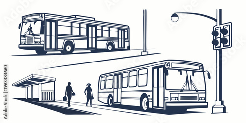 City bus transportation silhouette set with people walking to a bus stop beside a traffic light, urban public transit vector illustration.