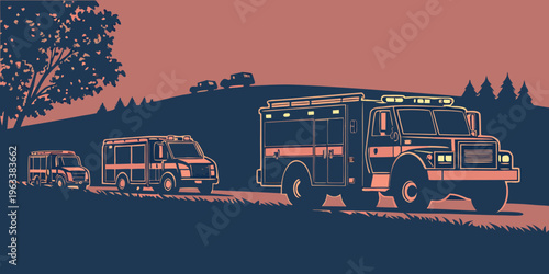 Silhouette of fire rescue transport trucks driving on road at sunset, emergency vehicles responding to crisis
