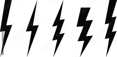 Lightning bolt vector icon set, Electrical energy discharge silhouette graphics, Weather storm power symbol pictograms