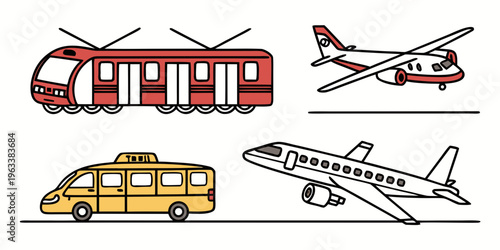 Collection of passenger transport vehicles line icons including tram, airplane, bus, and commercial airliner in simple illustration style for travel and transportation concepts.