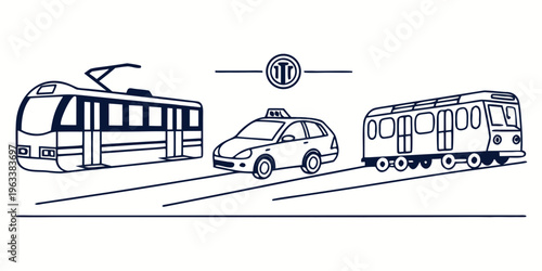Passenger transport vehicles line icon collection including tram, taxi, and bus for urban mobility and public transportation systems.