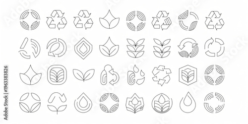 Eco friendly icons illustrate sustainable practices and green living through various natural symbols.