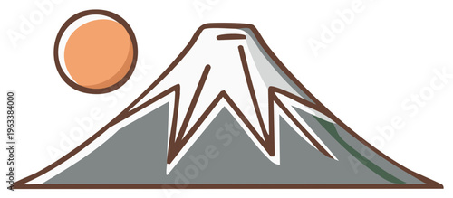 Simple cartoon mountain illustration with snowy peak and sun in the sky