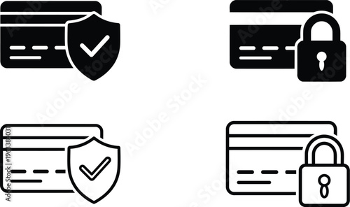 Set of credit card security icons with shield, checkmark, lock, and keyhole symbols for safe online transactions and protection