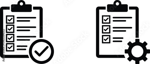 Clipboard checklist vector icons, Task management and workflow optimization black graphics, Completed project plan and system settings pictograms