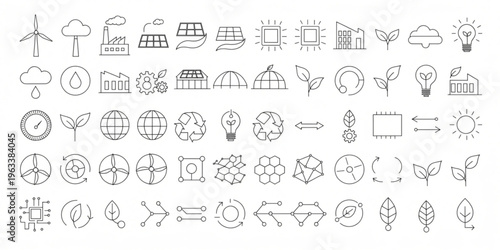 Eco friendly icons represent sustainable living and green technology concepts.