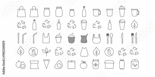 A collection of various eco-friendly icons and symbols for recycling and sustainable living displayed on a clean surface.