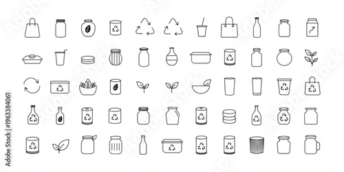A collection of various eco-friendly and recyclable product icons are displayed.
