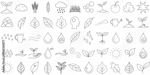 A collection of various eco-friendly and nature-related icons are shown in a simple line drawing style on a white background.