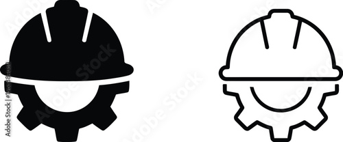 Construction helmet gear icon, Industrial safety hardhat engineering vector, Building site equipment silhouette pictograms