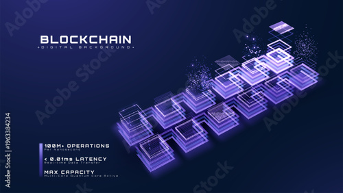 Abstract futuristic blockchain technology background with glowing purple data waves. Vector illustration.