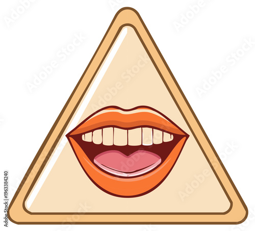 Conceptual warning sign with a cartoon mouth icon symbolizing speech communication and gossip