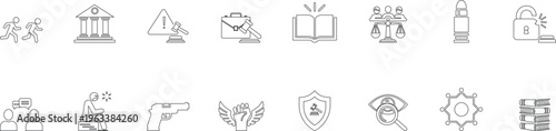 Legal and criminal justice outline icon set, Law enforcement and judicial proceeding line graphics, Security investigation and authority linear pictograms, Editable stroke.
